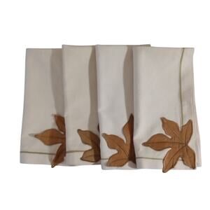 Williams Sonoma Leaf Applique Dinner Napkins Cotton Cream Autumn Fall